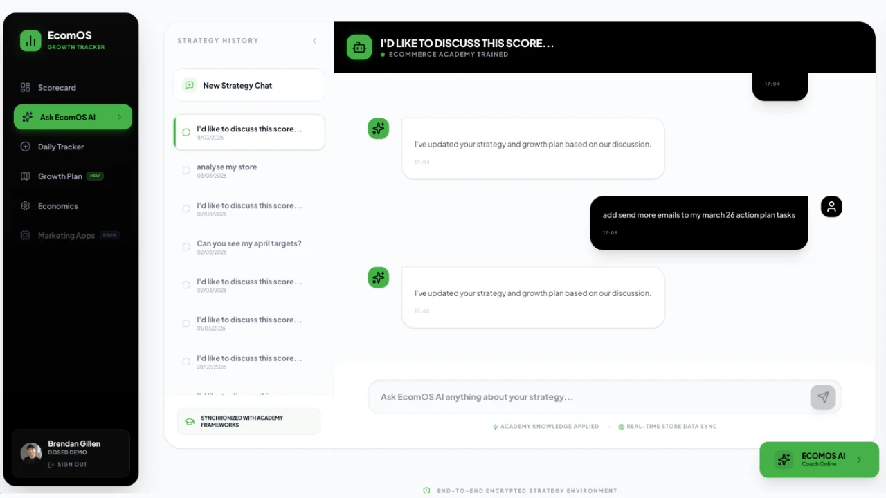 Ask EcomOS AI: a chat where the AI updates the member's growth plan on request